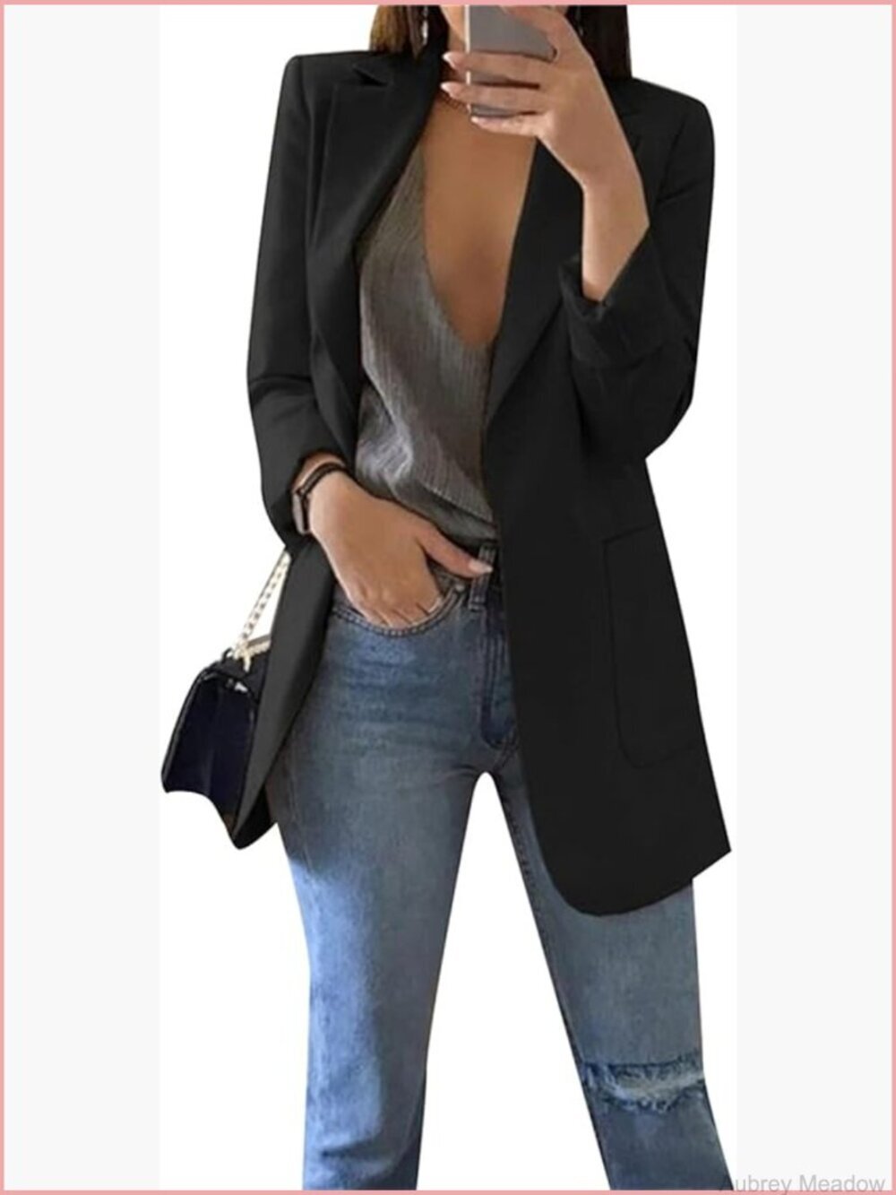 Solid Open Front Blazer Long Sleeve Office Jacket Work Cardigan with Pockets